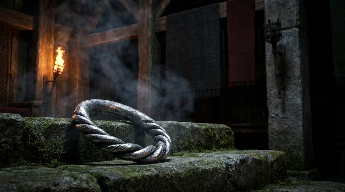 A heavy twisted silver oath ring lying on a worn stone step in a dim hall