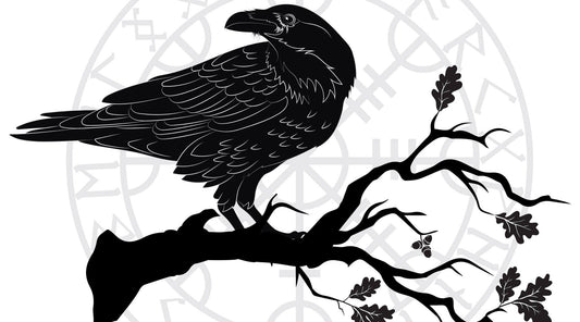 Odins raven on the tree with Norse symbol in the background. The photo is black and white.