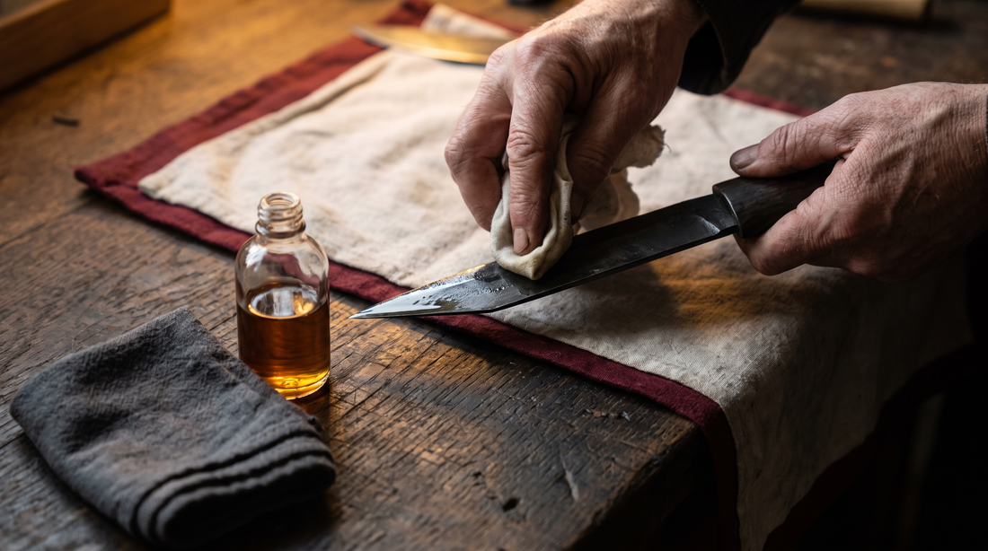 Hands wiping a thin film of oil onto a dark carbon-steel seax blade with a soft cloth