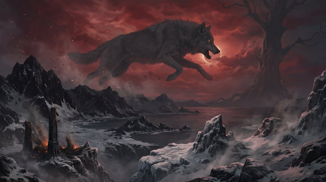 A giant grey wolf leaps across a blood-red sky to swallow the sun at the start of Ragnarök, above a frozen land of fjords and smouldering ruins