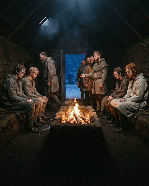 Men in wet wool sit on benches either side of a long fire in a dark turf hall while living men stand by an open door onto falling snow (AI-generated illustration)