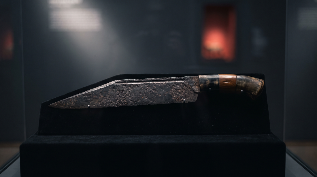 Ancient iron seax with a single edge and angled spine displayed on a stand in a dark museum case