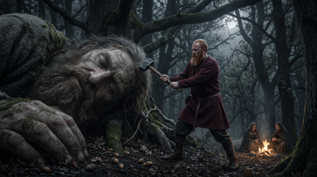 Thor swings his hammer at the temple of the sleeping giant Skrýmir beneath an oak at night while two companions sit by a campfire