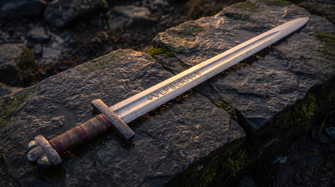 Viking Age Ulfberht sword lying on dark stone with the inlaid +VLFBERH+T inscription visible along the blade fuller