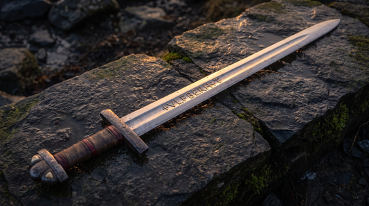 Viking Age Ulfberht sword lying on dark stone with the inlaid +VLFBERH+T inscription visible along the blade fuller