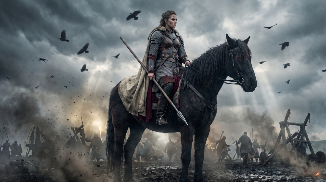 Armored valkyrie on horseback riding above a storm-lit battlefield with spear raised and ravens circling