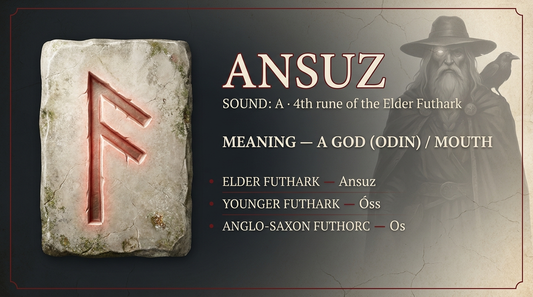 Ansuz rune fact card — a god (Odin) / mouth, in the Elder Futhark