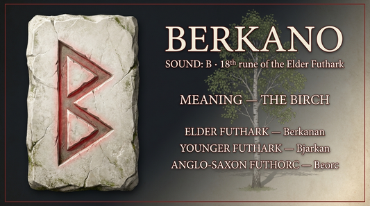 Berkano rune fact card — the birch, in the Elder Futhark