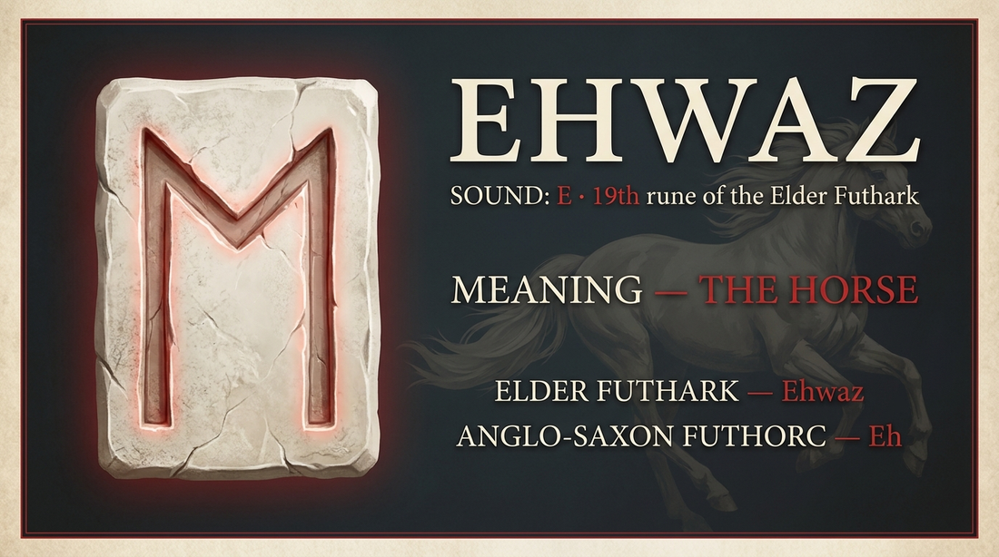 Ehwaz rune fact card — the horse, in the Elder Futhark