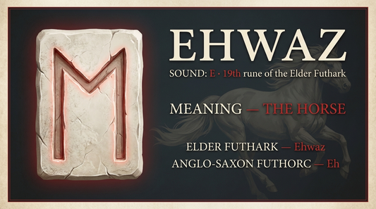 Ehwaz rune fact card — the horse, in the Elder Futhark
