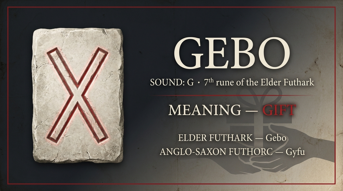 Gebo rune fact card — gift, in the Elder Futhark