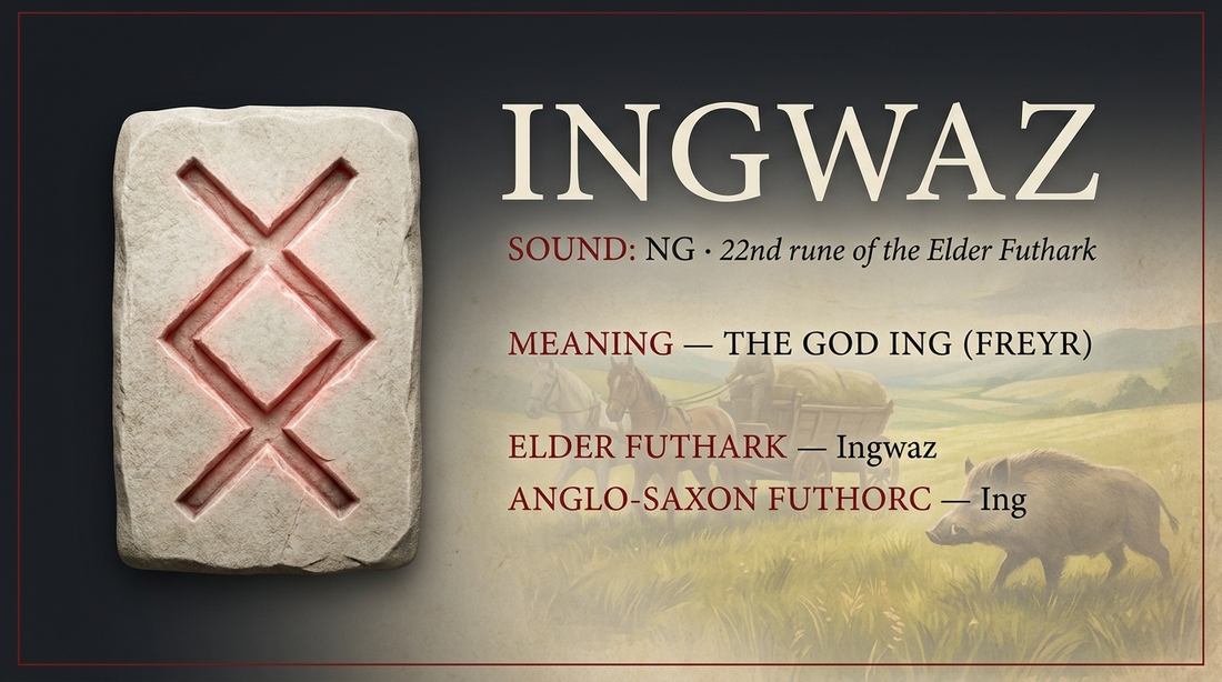 Ingwaz rune fact card — the god Ing (Freyr), in the Elder Futhark
