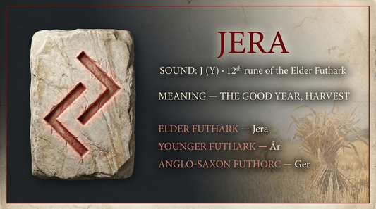 Jera rune fact card — the good year, harvest, in the Elder Futhark