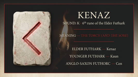 Kenaz rune fact card — the torch, in the Elder Futhark