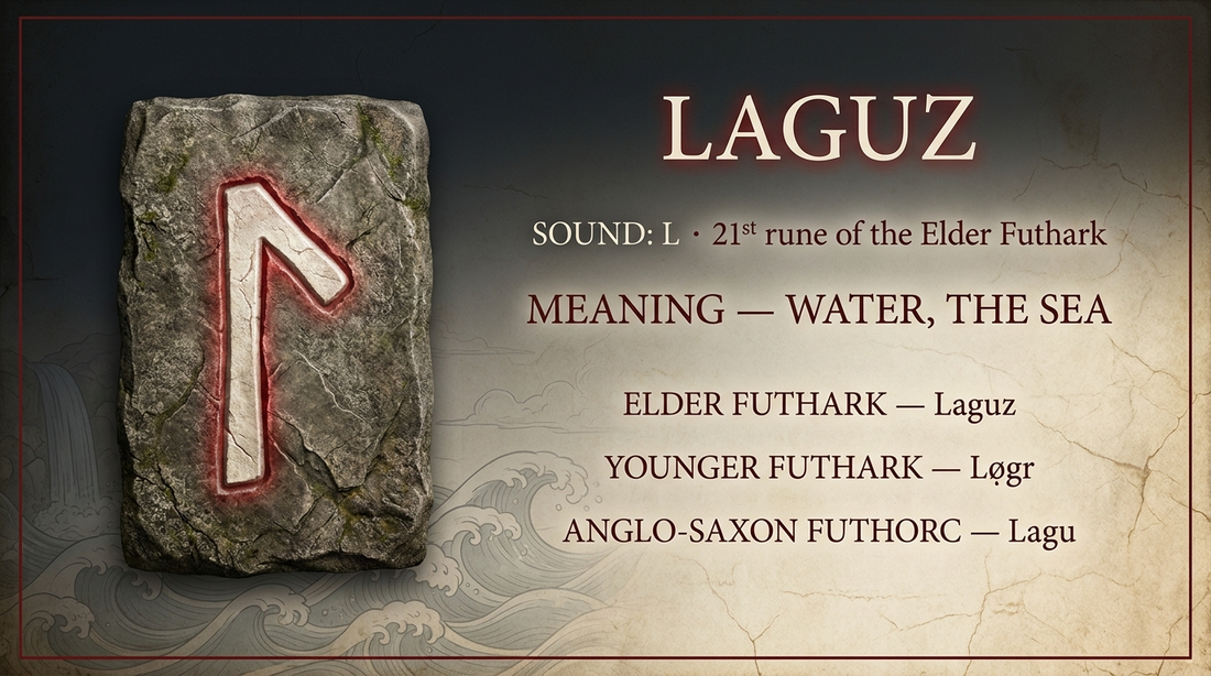 Laguz rune fact card — water, the sea, in the Elder Futhark