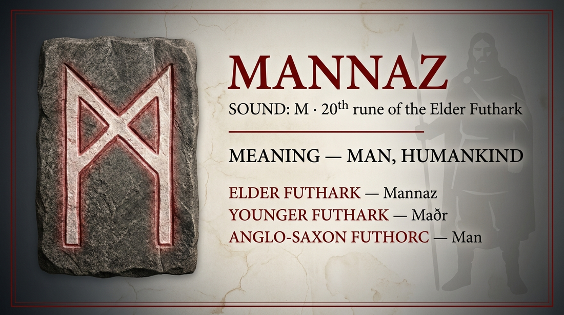 Mannaz rune fact card — man, humankind, in the Elder Futhark