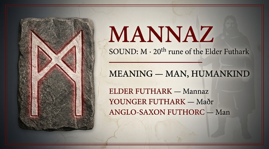 Mannaz rune fact card — man, humankind, in the Elder Futhark
