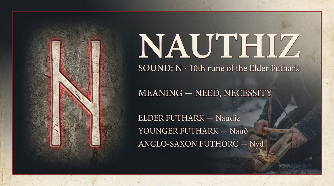 Nauthiz rune fact card — need, necessity, in the Elder Futhark