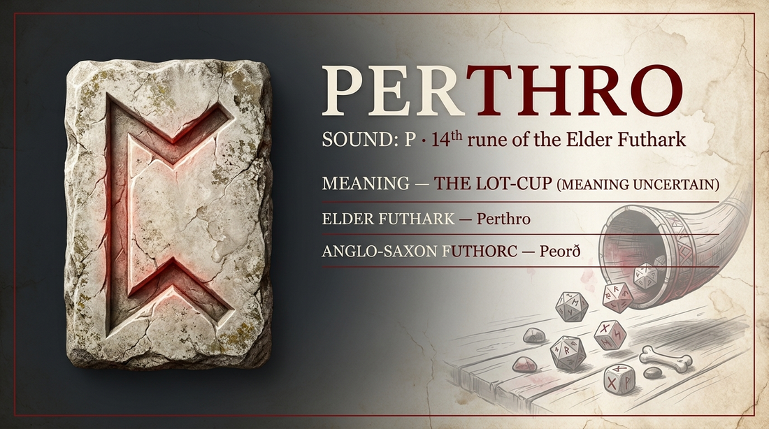 Perthro rune fact card — the lot-cup (uncertain), in the Elder Futhark
