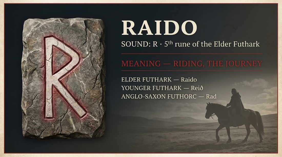 Raido rune fact card — riding, the journey, in the Elder Futhark