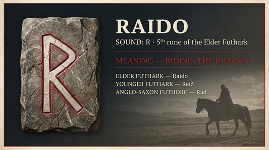 Raido rune fact card — riding, the journey, in the Elder Futhark