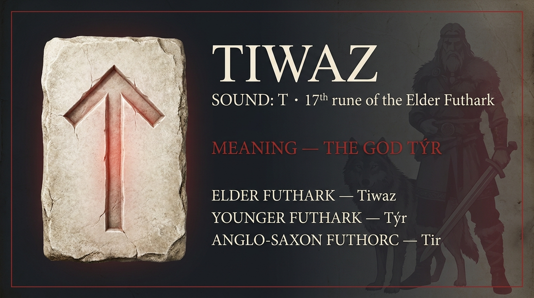 Tiwaz rune fact card — the god Tyr, in the Elder Futhark