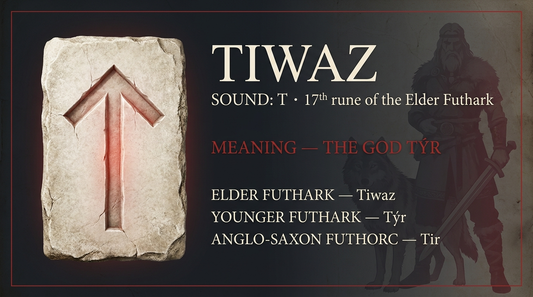 Tiwaz rune fact card — the god Tyr, in the Elder Futhark