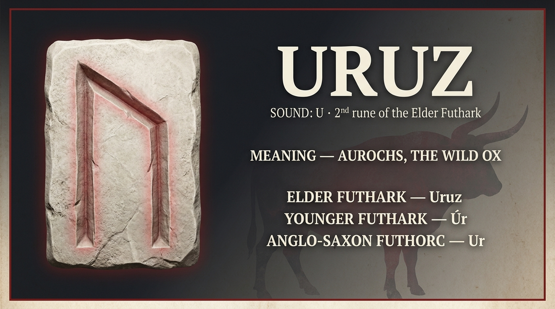 Uruz rune fact card: ᚢ, sound U — aurochs, the wild ox, in the Elder, Younger and Anglo-Saxon futharks