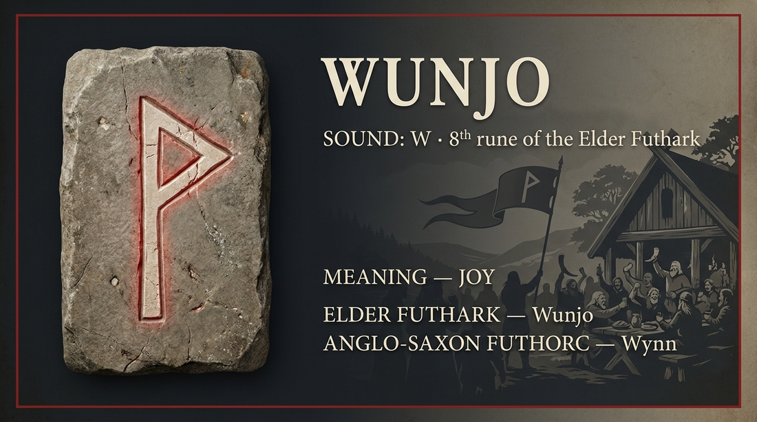 Wunjo rune fact card — joy, in the Elder Futhark