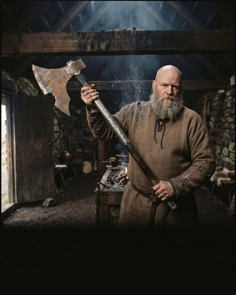 Modern illustration: a bald, grey-bearded Icelandic farmer in a smoky hall holds up a rusted axe with gold mounts, the king's gift from Egils saga
