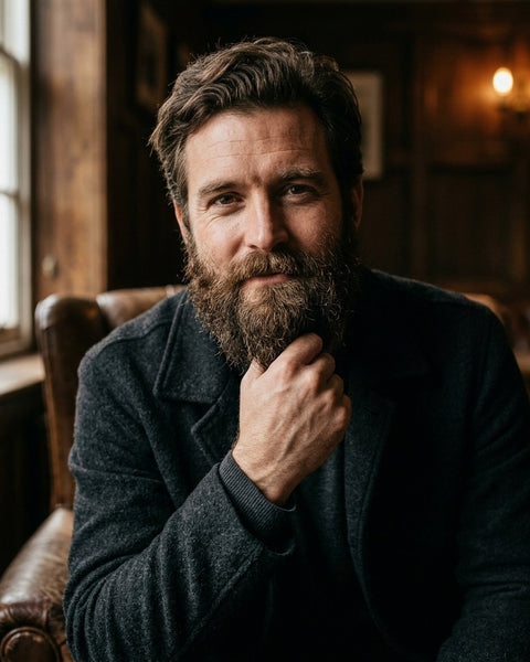 A bearded man holds his beard in his hand