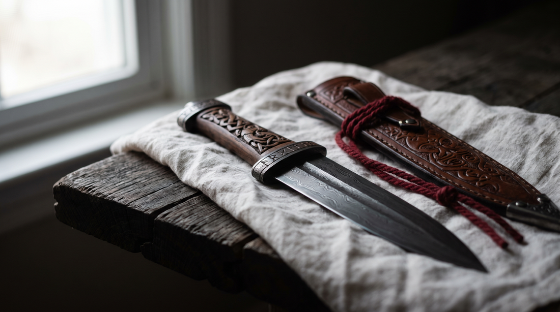 Hand-forged Viking dagger with a double-edged patterned blade, carved Norse handle and tooled leather sheath on linen