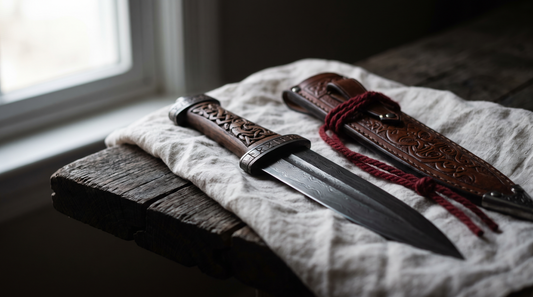Hand-forged Viking dagger with a double-edged patterned blade, carved Norse handle and tooled leather sheath on linen
