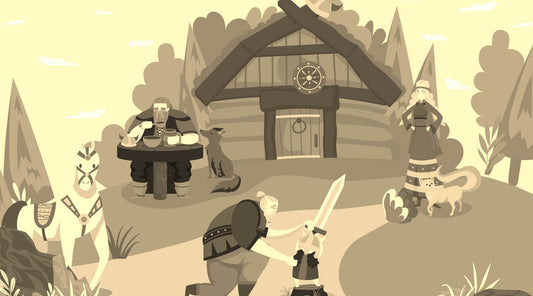 Drawing of Viking home with a family playing in the yard