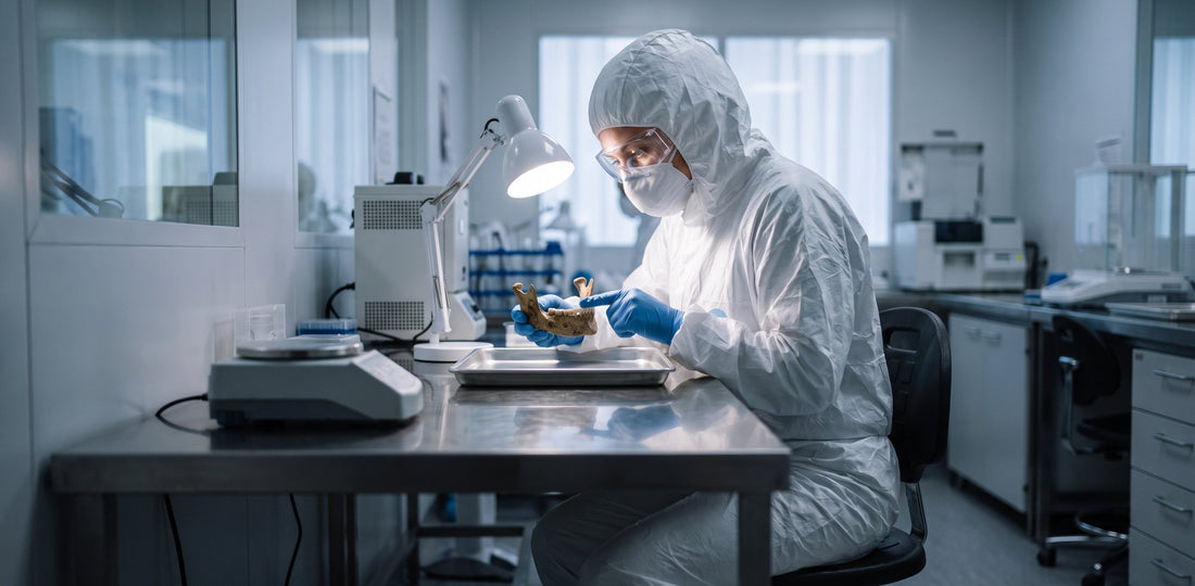 A scientist in a full clean-room suit examines an ancient jaw bone under a lamp in an ancient-DNA laboratory