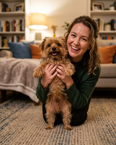 A woman at home hugs her small terrier