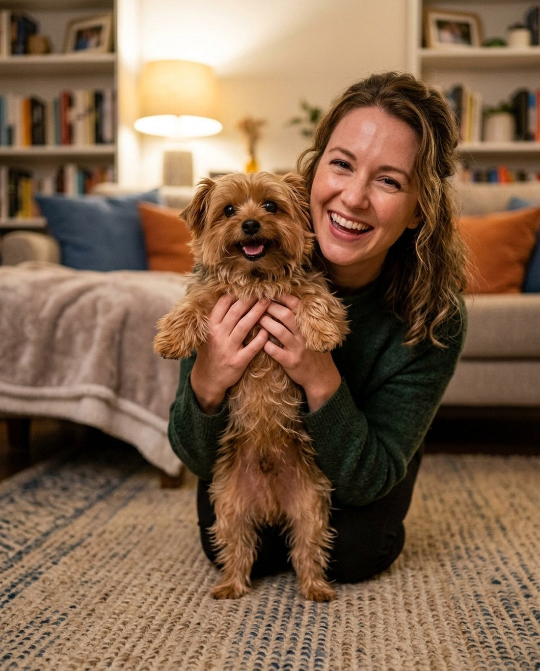 A woman at home hugs her small terrier