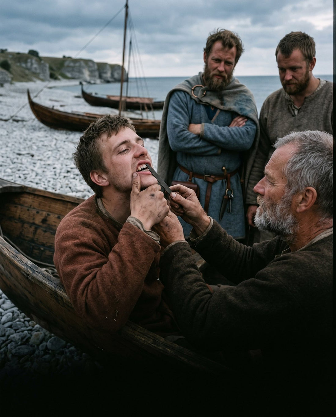 A Viking Age man has grooves filed into his front teeth on a beach by a longship (modern illustration)