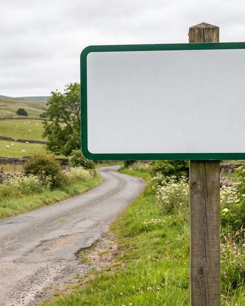 Blank white-on-green British village sign standing beside a country road with Yorkshire farmland and hills behind it