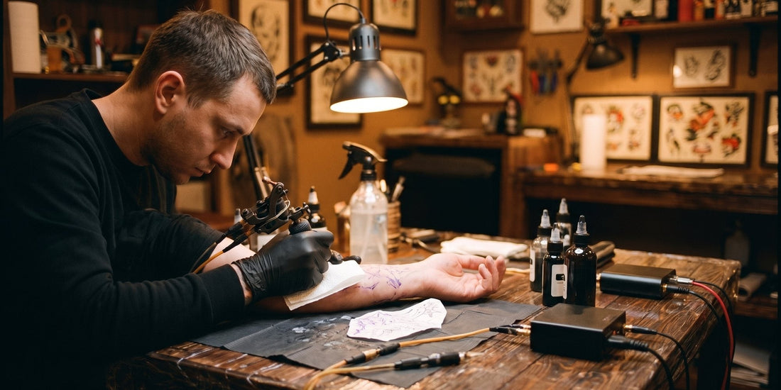 A tattoo artist in a studio working on a forearm, stencil paper on the table
