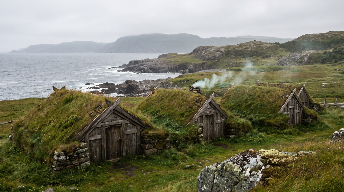 Turf-walled Norse buildings with grass roofs on the green coastal meadow of L'Anse aux Meadows, Newfoundland, under an overcast North Atlantic sky.