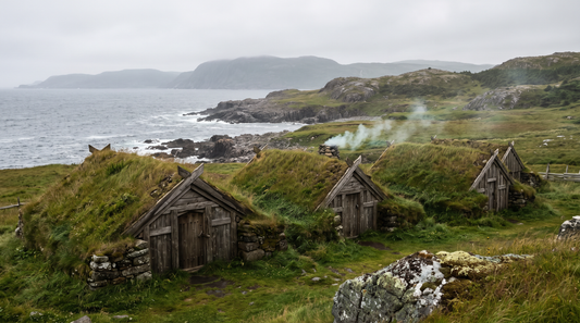 Turf-walled Norse buildings with grass roofs on the green coastal meadow of L'Anse aux Meadows, Newfoundland, under an overcast North Atlantic sky.