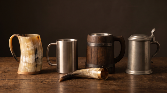 An ox horn mug, a stainless steel mug, a wooden stave tankard, a lidded pewter tankard and a small drinking horn side by side on an oak table (modern illustration)