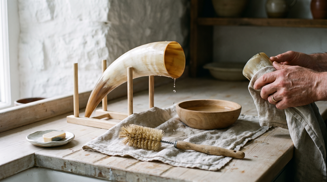 A drinking horn draining on a wooden rack beside a bowl of water, a bottle brush and a linen towel, while hands dry a horn cup (modern illustration)