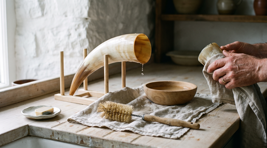 A drinking horn draining on a wooden rack beside a bowl of water, a bottle brush and a linen towel, while hands dry a horn cup (modern illustration)