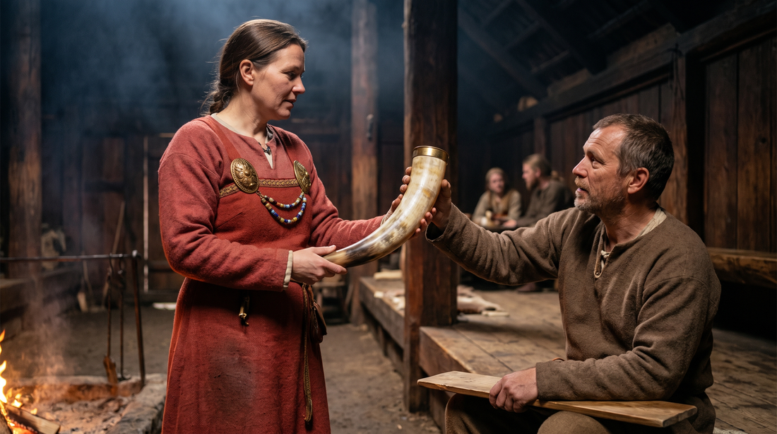 A woman in a red wool dress with oval brooches hands a full drinking horn to a seated man in a smoky timber hall lit by the hearth (modern illustration)