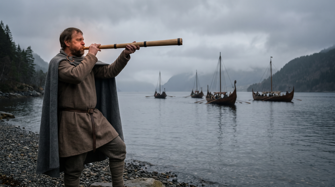 A Norseman on a fjord shore blows a long straight wooden trumpet as four clinker-built ships row toward him (modern illustration)