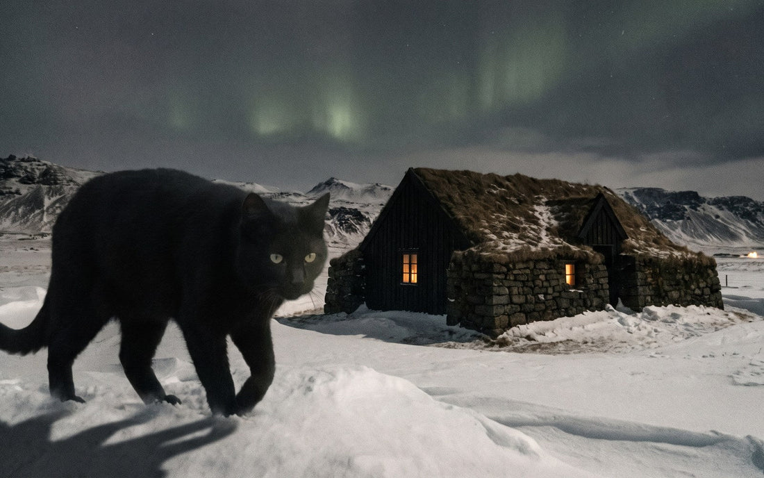 Giant black Yule Cat prowling past a snowbound Icelandic turf farm at night