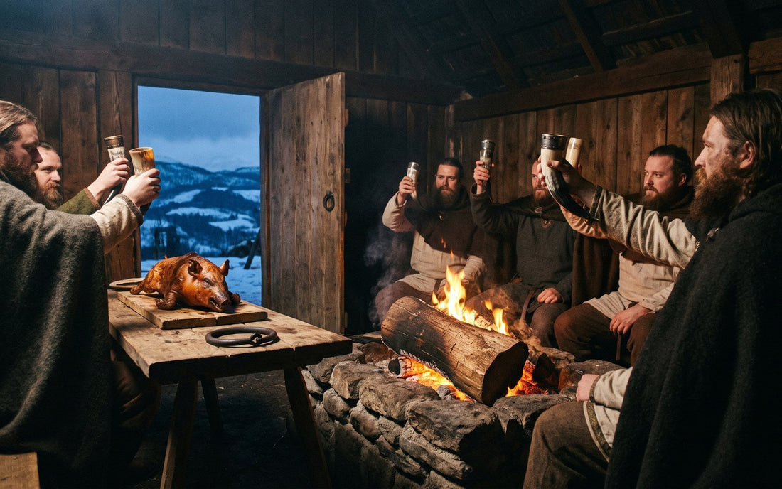 Norse household raising drinking horns around the hearth at a Yule feast