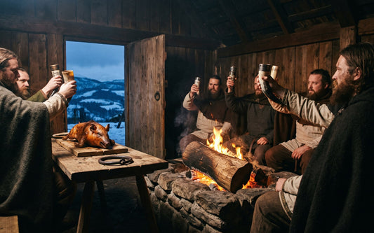 Norse household raising drinking horns around the hearth at a Yule feast